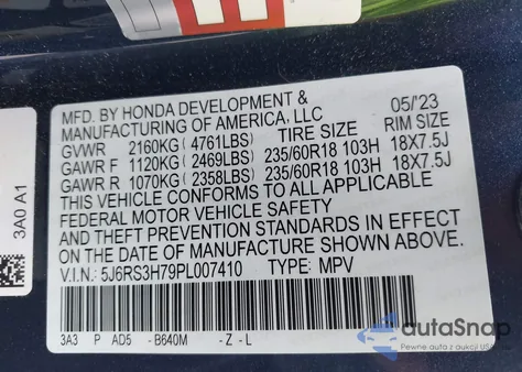 2023 Honda Cr-V Ex-L 2Wd from USA, damaged, VIN 5J6RS3H79PL007410